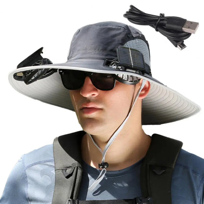 Voyera – Chapeau de soleil outdoor avec double ventilation – Large bord anti-UV, charge solaire ou USB, sangle coupe-vent