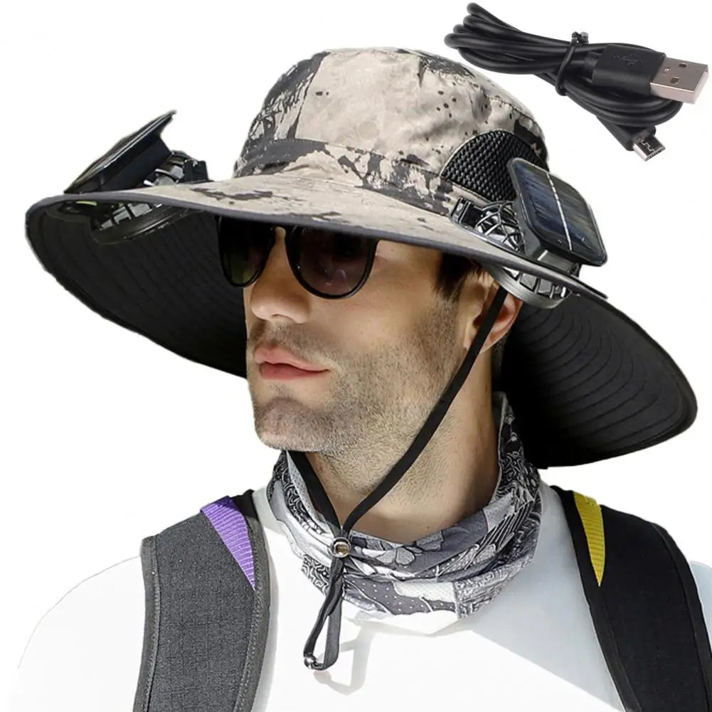 Voyera – Chapeau de soleil outdoor avec double ventilation – Large bord anti-UV, charge solaire ou USB, sangle coupe-vent