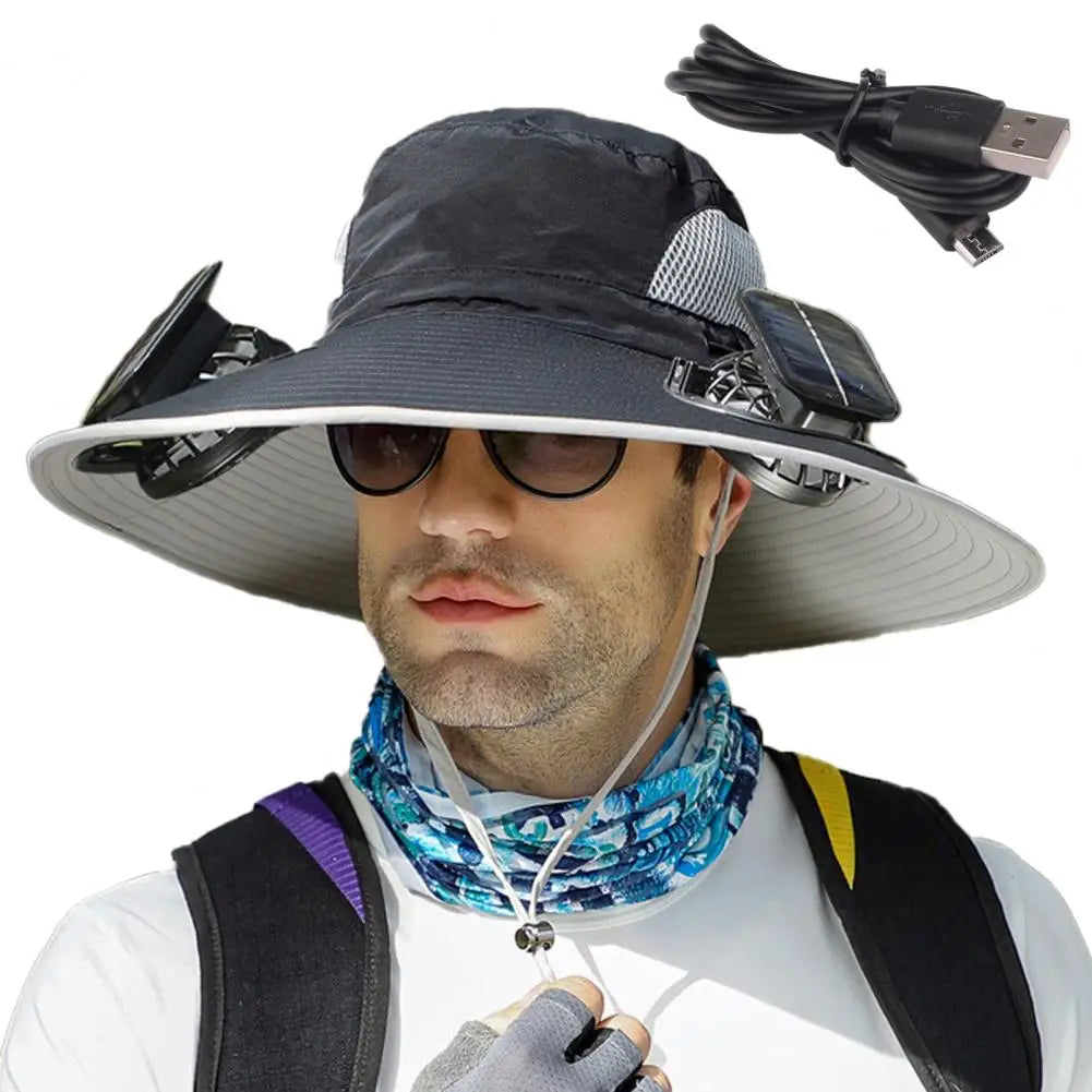 Voyera – Chapeau de soleil outdoor avec double ventilation – Large bord anti-UV, charge solaire ou USB, sangle coupe-vent