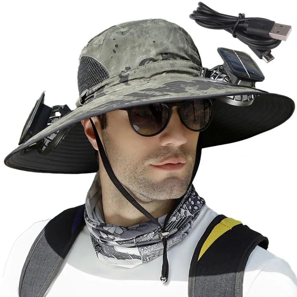 Voyera – Chapeau de soleil outdoor avec double ventilation – Large bord anti-UV, charge solaire ou USB, sangle coupe-vent