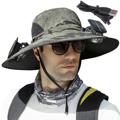 Voyera – Chapeau de soleil outdoor avec double ventilation – Large bord anti-UV, charge solaire ou USB, sangle coupe-vent