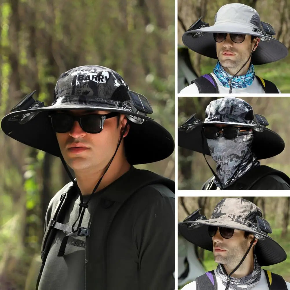 Voyera – Chapeau de soleil outdoor avec double ventilation – Large bord anti-UV, charge solaire ou USB, sangle coupe-vent
