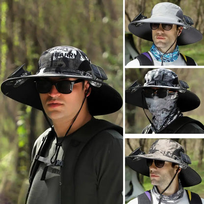 Voyera – Chapeau de soleil outdoor avec double ventilation – Large bord anti-UV, charge solaire ou USB, sangle coupe-vent