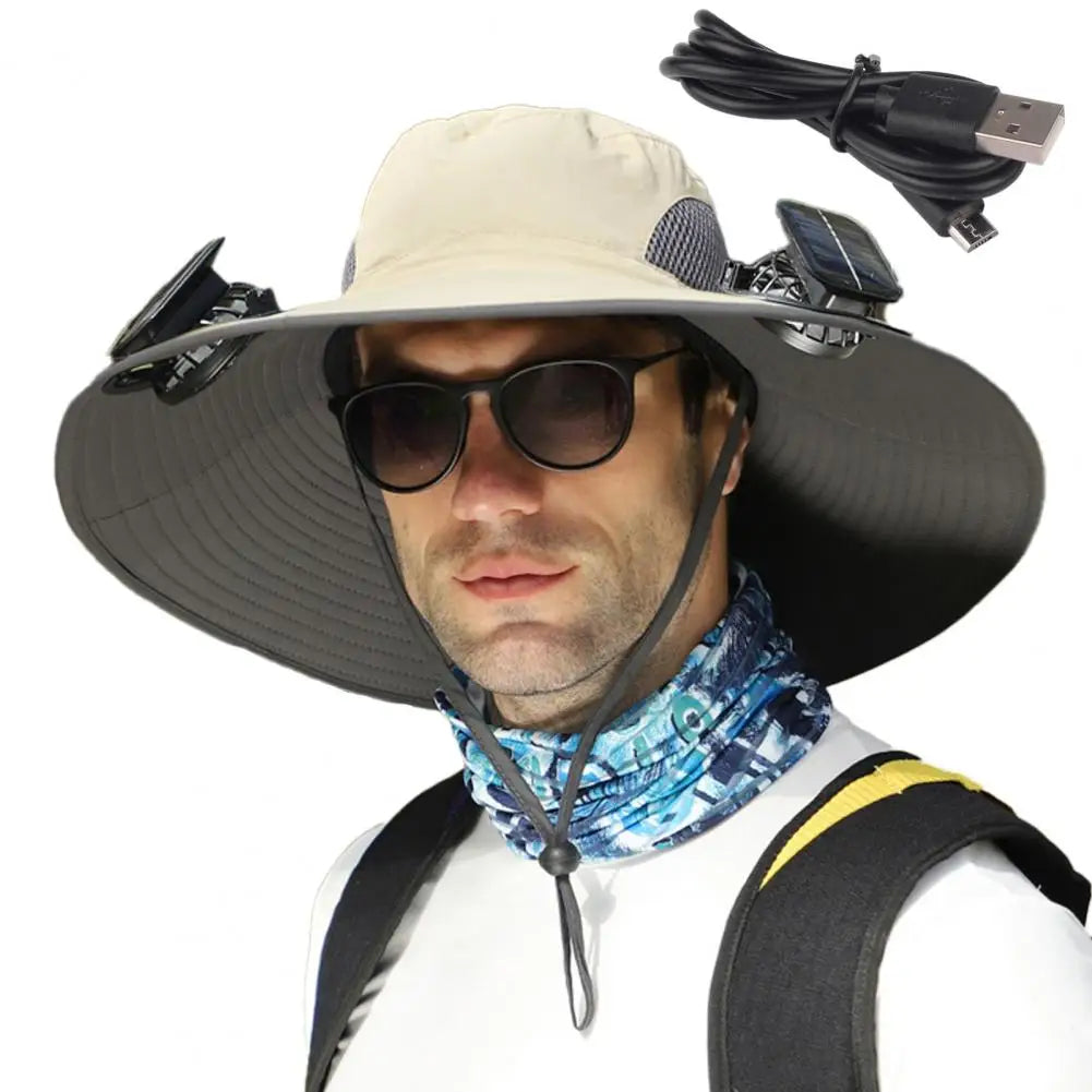 Voyera – Chapeau de soleil outdoor avec double ventilation – Large bord anti-UV, charge solaire ou USB, sangle coupe-vent
