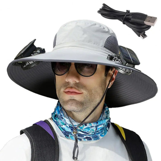 Voyera – Chapeau de soleil outdoor avec double ventilation – Large bord anti-UV, charge solaire ou USB, sangle coupe-vent