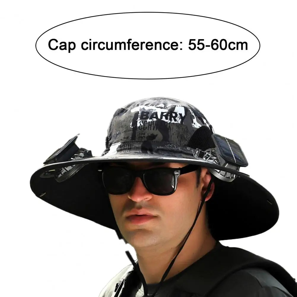 Voyera – Chapeau de soleil outdoor avec double ventilation – Large bord anti-UV, charge solaire ou USB, sangle coupe-vent