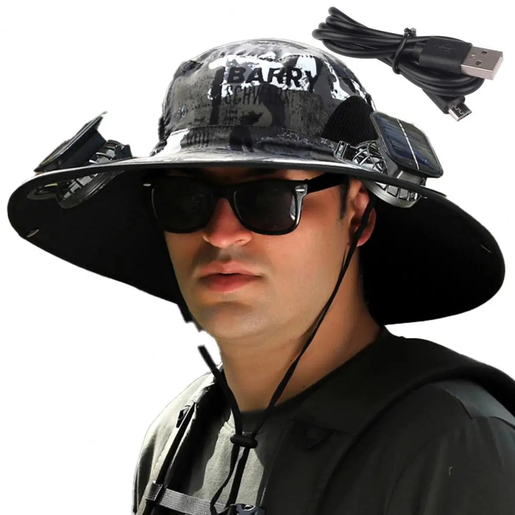 Voyera – Chapeau de soleil outdoor avec double ventilation – Large bord anti-UV, charge solaire ou USB, sangle coupe-vent