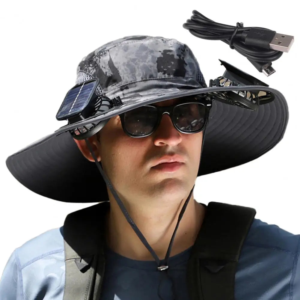 Voyera – Chapeau de soleil outdoor avec double ventilation – Large bord anti-UV, charge solaire ou USB, sangle coupe-vent